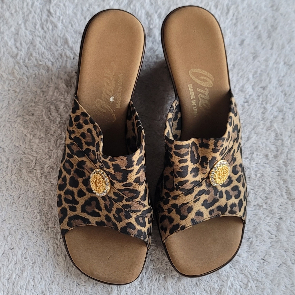 Onex Leopard Print Wedge Slide Sandals with Crystal Embellishment